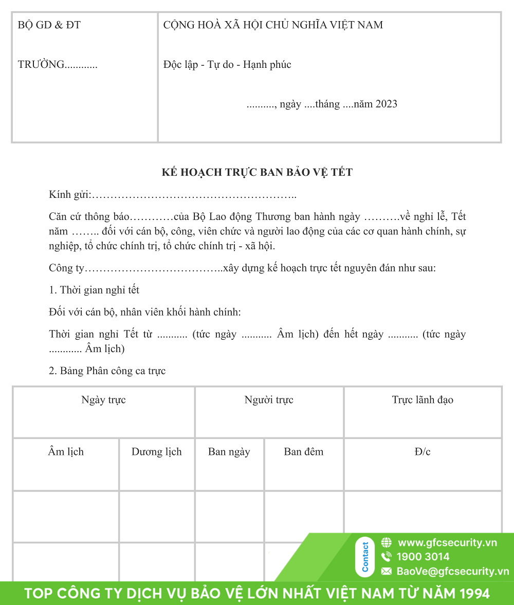 mẫu lịch trực bảo vệ